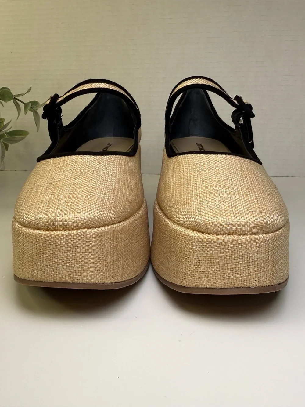 Larroude Women's Blair Flatforms Mary-Jane Raffia/Leather Shoes Women's Size 10
